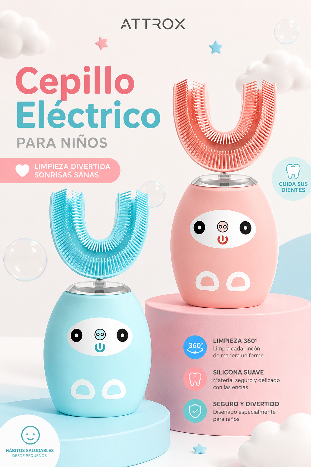 Cepillo eléctrico infantil en U con luz blanqueadora y guía de voz – limpieza 360° para niños 3 a 12 años