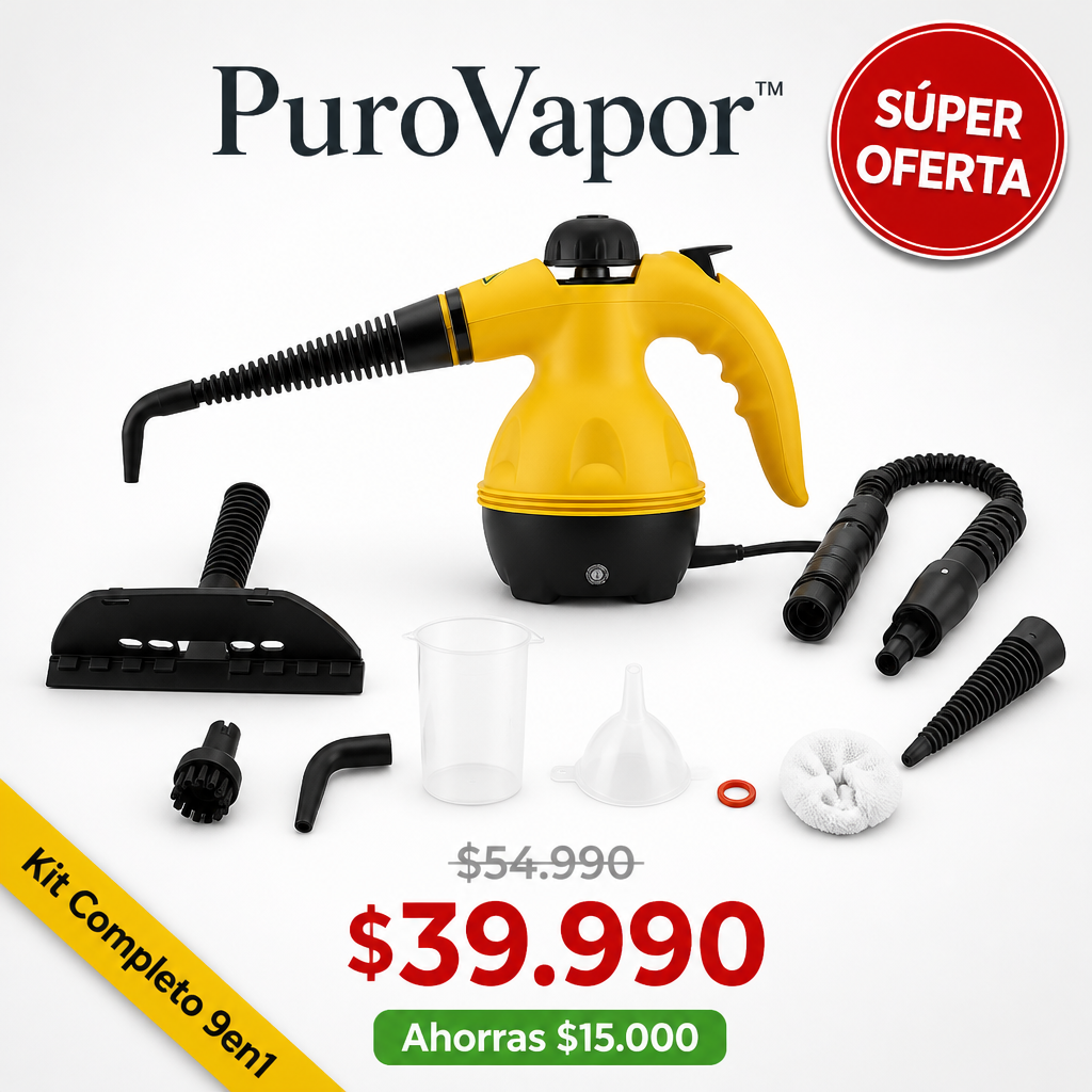 PuroVapor™ pistola limpiadora a vapor presurizada amarilla con 9 boquillas incluidas
